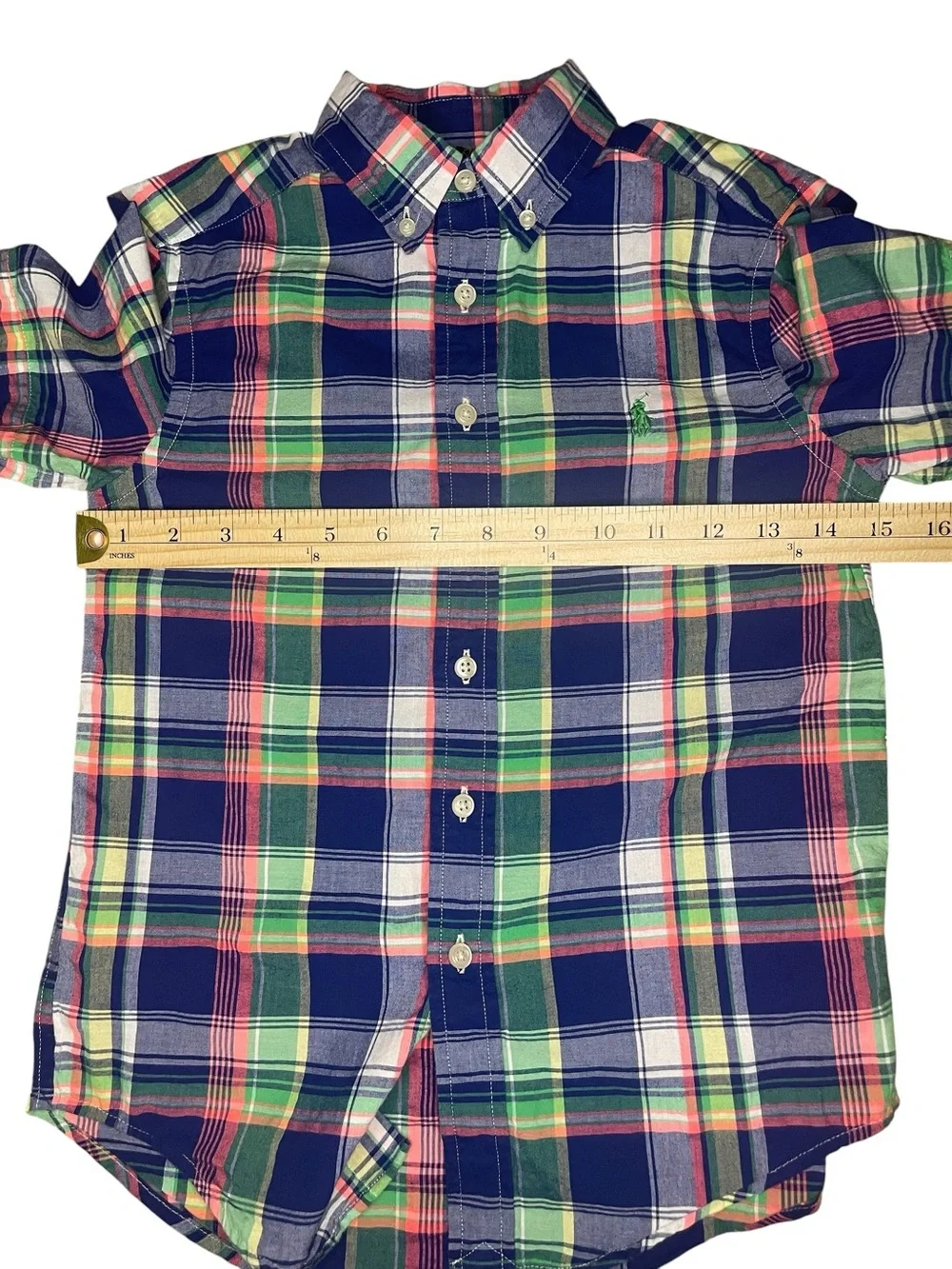 Ralph Lauren Short Sleeve Navy, Green & Pink Plaid Button-Down Shirt-Boys Small